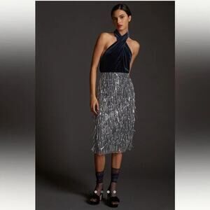 Anthropologie Maeve Fringe Sequin Navy & Silver Flapper Midi Skirt Women's 14